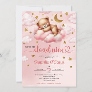 Invitación Nube de oso rosa y dorado en nueve Baby Shower