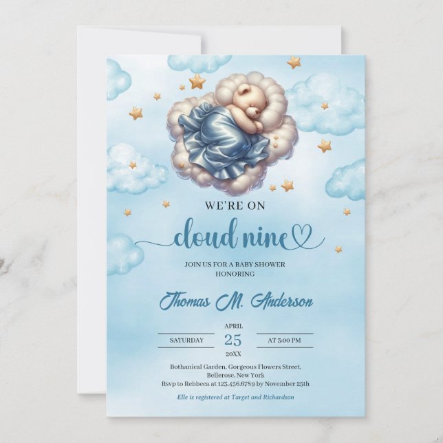 Invitación Nube de oso teddy nueve Boy Baby Shower (Anverso)