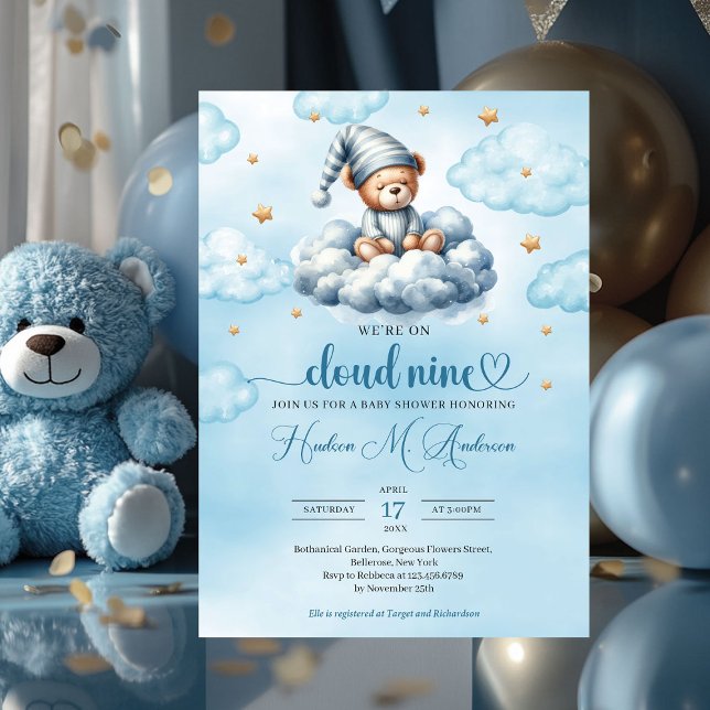 Invitación Nube divertida de oso de peluche dormido nueve Bab (blue and gold we're on cloud nine boy baby shower invitation)