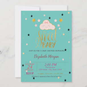 Invitación Nube Linda, Estrellas, Dulce Verde Menta Bebe Fies