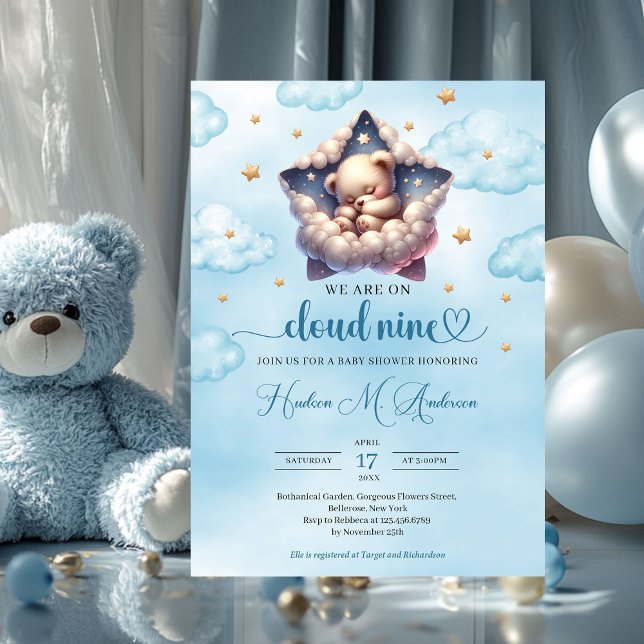 Invitación Nube nueve osos de peluche Boy Baby Shower (we are on cloud nine sleeping teddy bear boy baby shower invitation)