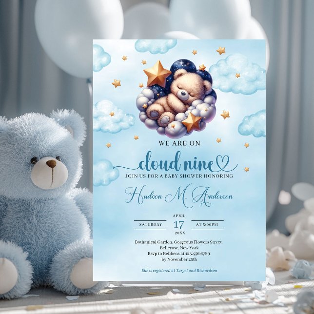 Invitación Nube popular de oso de peluche nueve Boy Baby Show (we are on cloud nine sleeping teddy bear boy baby shower invitation)