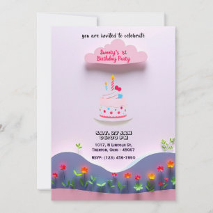 Invitación Nube rosa con pastel de cumpleaños y plantas