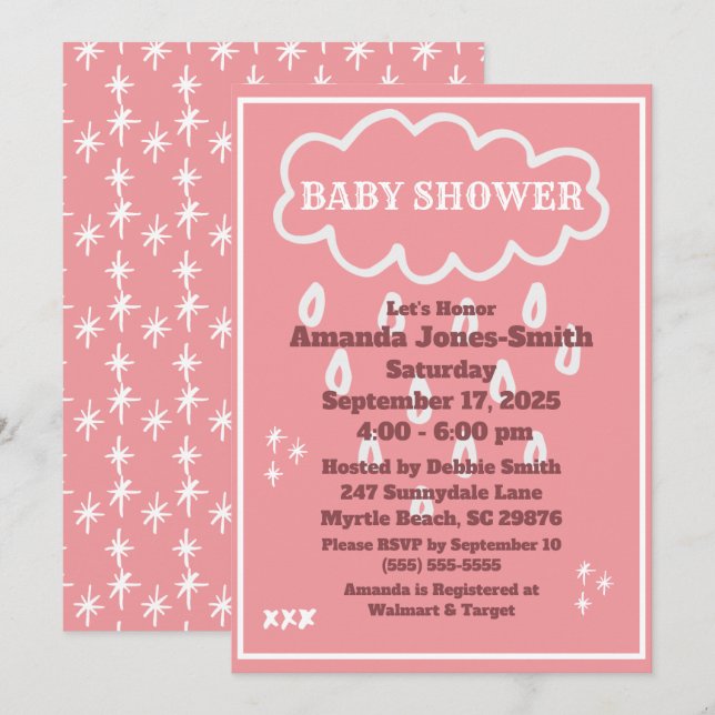 Invitación Nube y rociadores Baby Shower rosa y blanco (Anverso / Reverso)