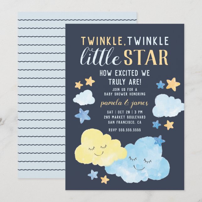 Invitación Nubes acuáticas Twinkle Little Star Baby Shower (Anverso / Reverso)
