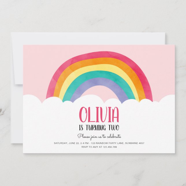 Invitación Nubes arcoiris Chica rosado divertido cumpleaños i (Anverso)