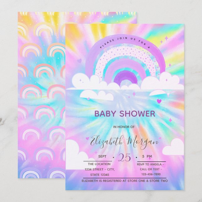 Invitación Nubes arcoiris Corazones tie Dye Baby Shower (Anverso / Reverso)