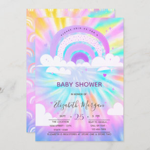Invitación Nubes arcoiris Corazones tie Dye Baby Shower