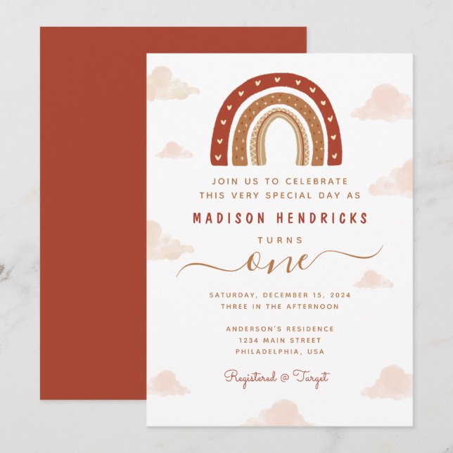 Invitación Nubes arcoiris de Boho Terracotta Primer cumpleaño (Anverso / Reverso)
