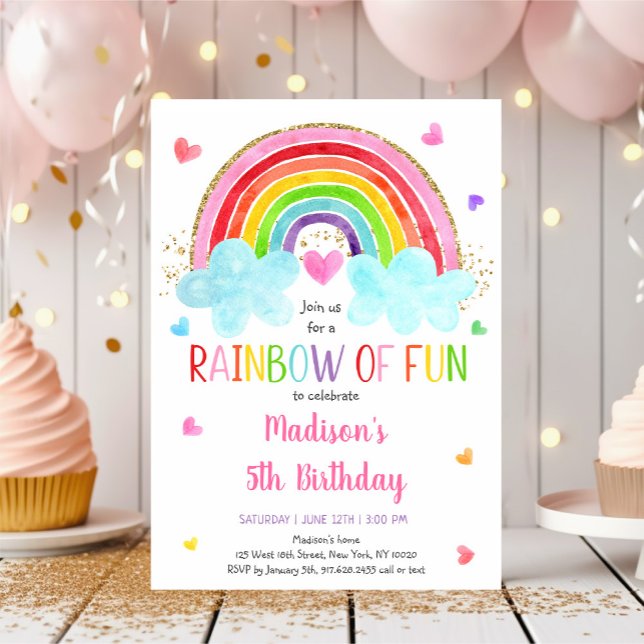 Invitación Nubes arcoiris de oro rosado cumpleaños (Subido por el creador)