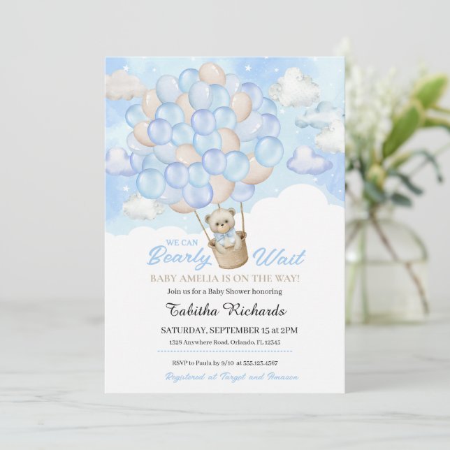 Invitación Nubes azules Teddy Bear globo de aire caliente Bab (Anverso de pie)