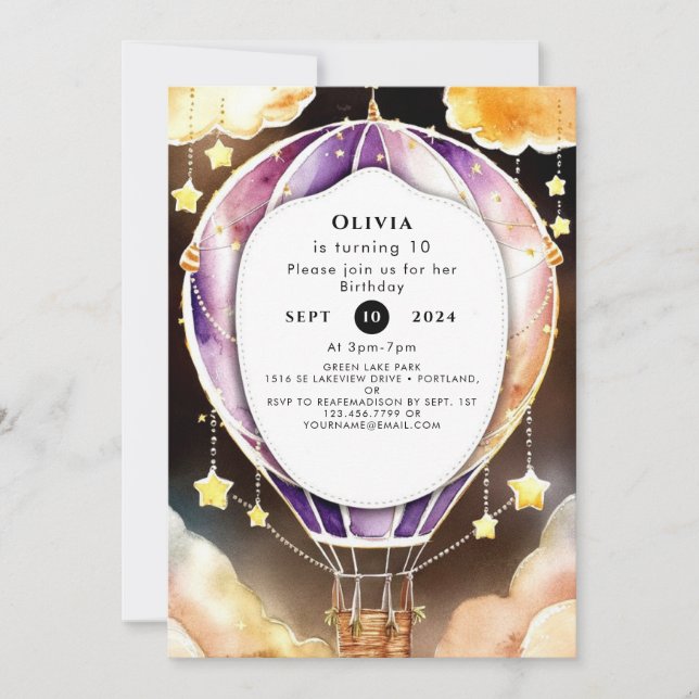 Invitación Nubes caprichosas Balón de aire caliente Cumpleaño (Anverso)