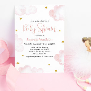 Invitación Nubes color agua rosada bebé niña ducha