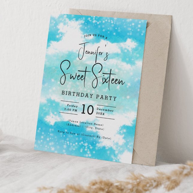 Invitación Nubes color agua turquesa dulce 16 Fiesta (Turquoise Watercolor Clouds Sweet 16 Party Invitation)