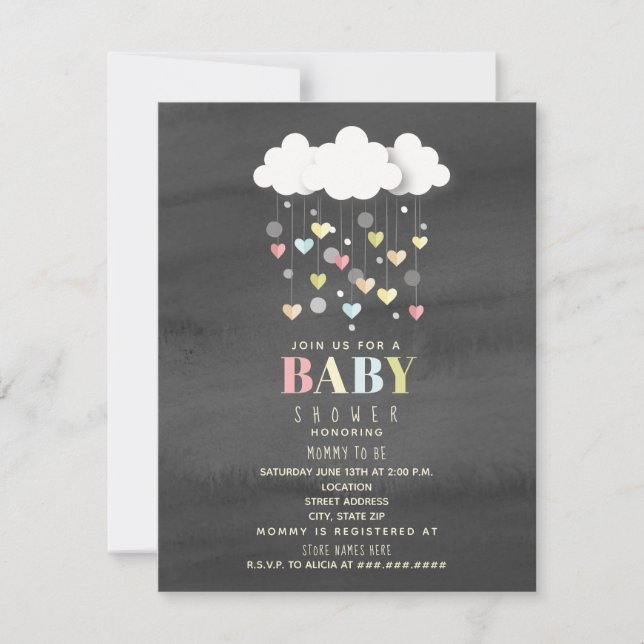 Invitación Nubes + Corazón Acuarela Baby Shower Neutral (Anverso)
