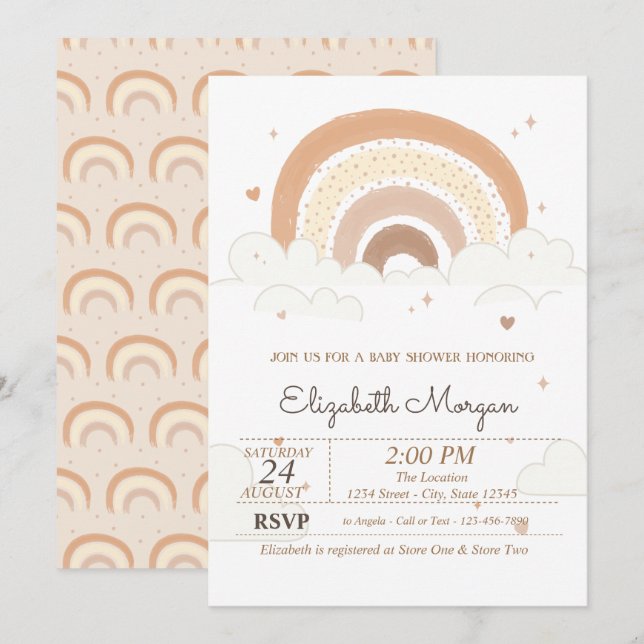Invitación Nubes De Arcoíris Lindos Corazones Shower De Bebe  (Anverso / Reverso)