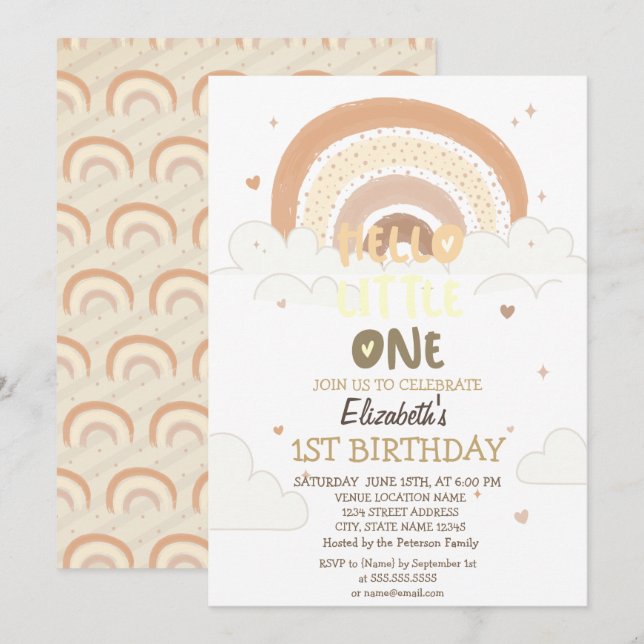 Invitación Nubes de Arcoíris Rayadas Hola Pequeñito Cumpleaño (Anverso / Reverso)
