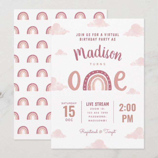 Invitación Nubes de arcoiris rosadas modernas: primer cumplea (Anverso / Reverso)