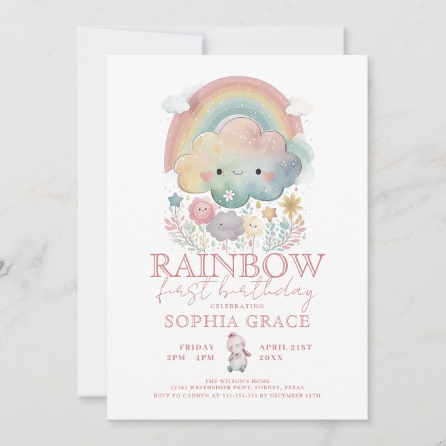 Invitación Nubes de arcoiris y Chicas de flores (Anverso)