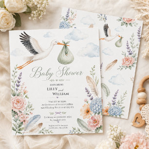 Invitación Nubes de Cigüeña Fiesta de Bebé Vintage
