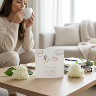 Invitación Nubes de Cigüeña Voladora Estrellas Baby Shower