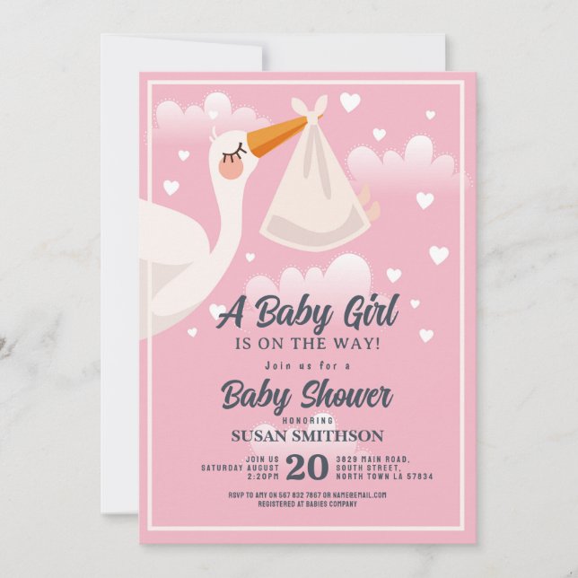 Invitación Nubes de cigüeñas de Chica rosado de Baby Shower (Anverso)