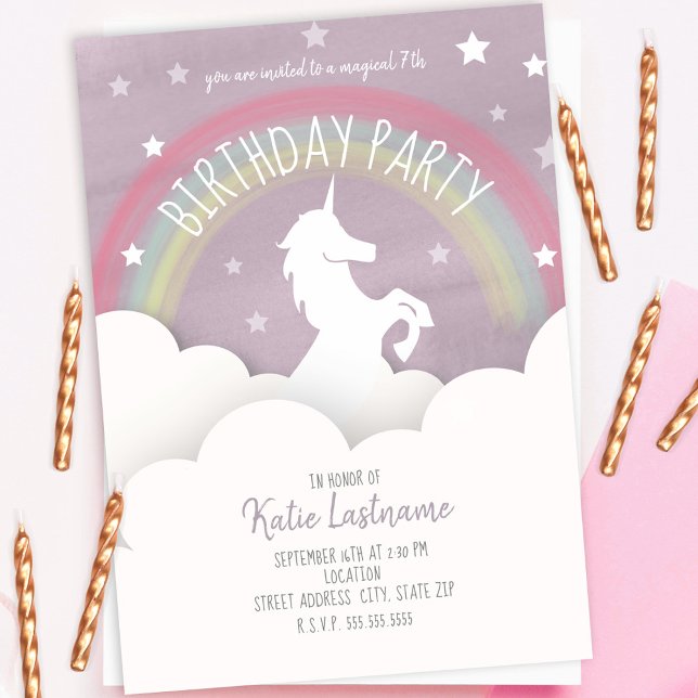 Invitación Nubes de cumpleaños de Unicornio + acuarela de est (Subido por el creador)
