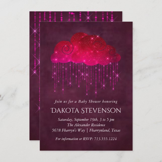 Invitación Nubes de lluvia esparcen | Baby Shower rosa oscuro (Anverso / Reverso)