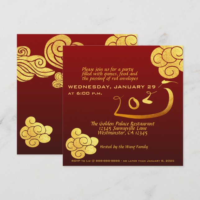 Invitación Nubes de oro de la serpiente china de Año Nuevo 20 (Anverso / Reverso)