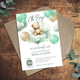 Invitación Nubes de osito de peluche Globo Verde Baby Shower
