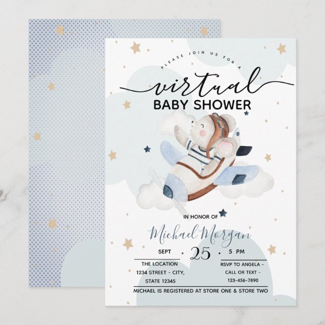 Invitación Nubes de ratón de avión con puntos de Baby Shower  (Anverso / Reverso)