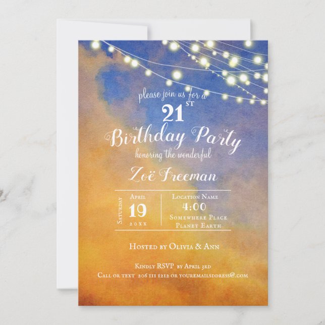 Invitación Nubes doradas en cielo azul | Cumpleaños 21 (Anverso)