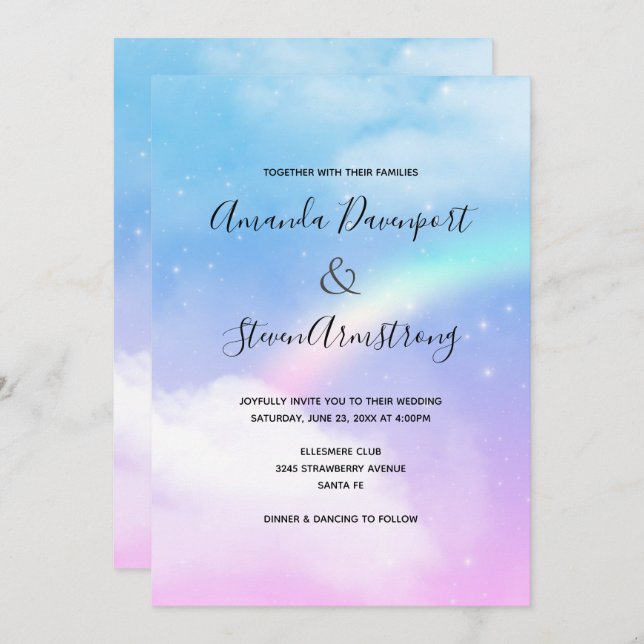 Invitación Nubes mágicas pasteles y un Boda arcoiris (Anverso / Reverso)