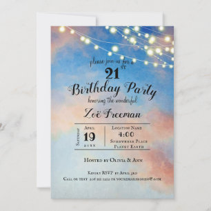 Invitación Nubes rosadas en el cielo Cumpleaños 21 azul