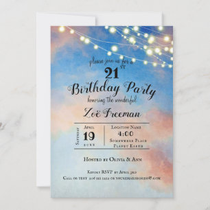 Invitación Nubes rosadas en el cielo Cumpleaños 21 azul