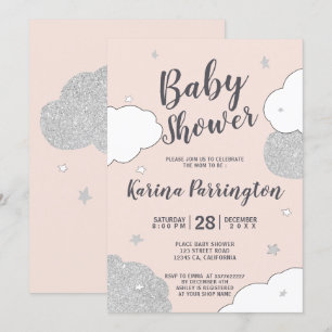 Invitación Nubes rosadas plateadas estrellas chica ducha bebé