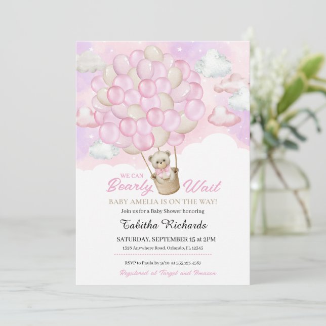Invitación Nubes rosadas Teddy Bear Globo de aire caliente Ba (Anverso de pie)
