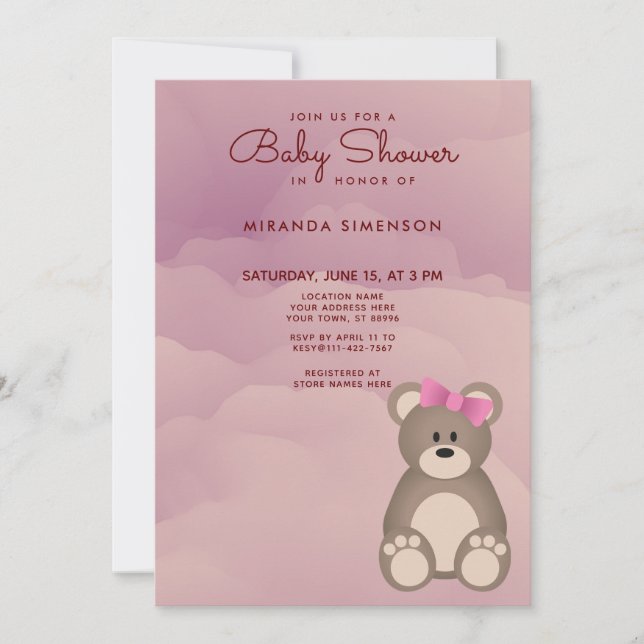 Invitación Nubes rosas Cute Teddy Bear Baby Shower (Anverso)