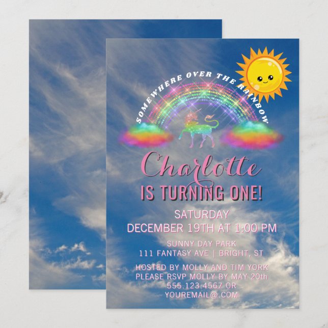 Invitación Nubes solares de Unicornio arcoiris primer Fiesta  (Anverso / Reverso)