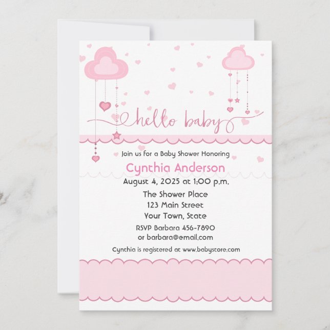Invitación Nubes y corazones rosados dulces Baby Shower (Anverso)