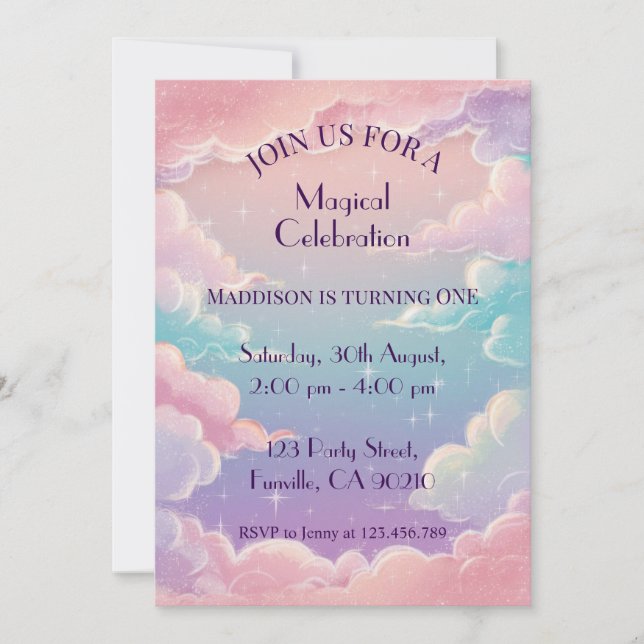 Invitación Nubes y estrellas Cumpleaños Personalizado (Anverso)
