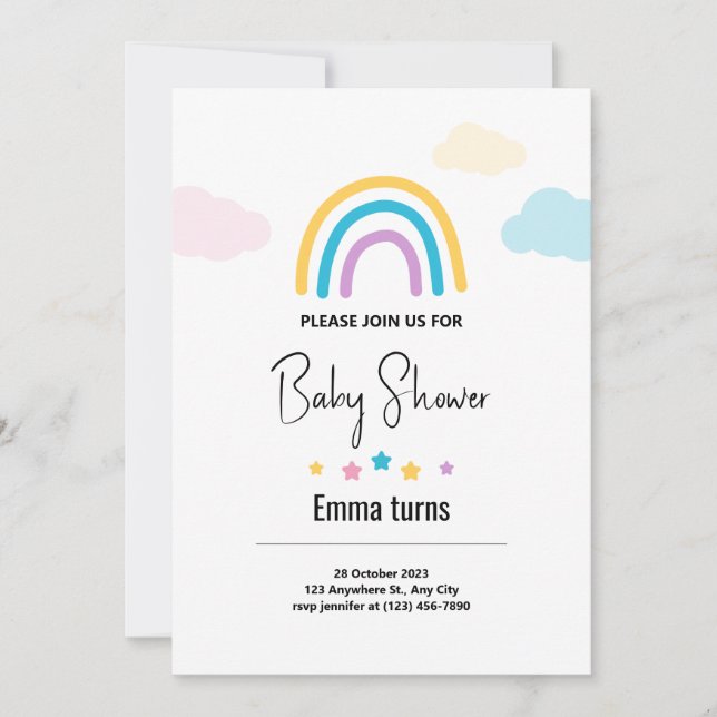 Invitación Nubes y estrellas Invita del niño con arco iris (Anverso)