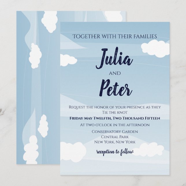 Invitación nublada a la boda en el cielo azul (Anverso / Reverso)