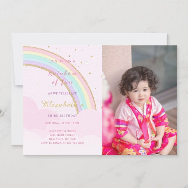 Invitación nublada al cumpleaños Rainbow con foto (Anverso)