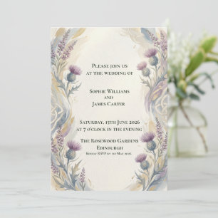 Invitación Nudo Celta de Oro Cardo Lavanda Romántico Escocés