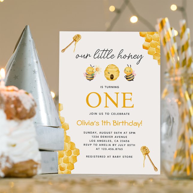 Invitación Nuestra Abeja de Miel Moderna de primer cumpleaños (Subido por el creador)