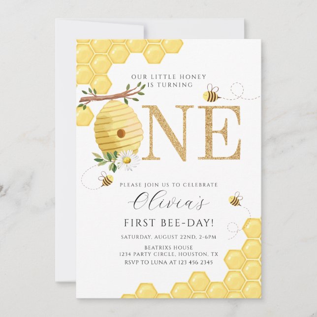 Invitación Nuestra Abeja de Miel Primer Cumpleaños de Abeja (Anverso)