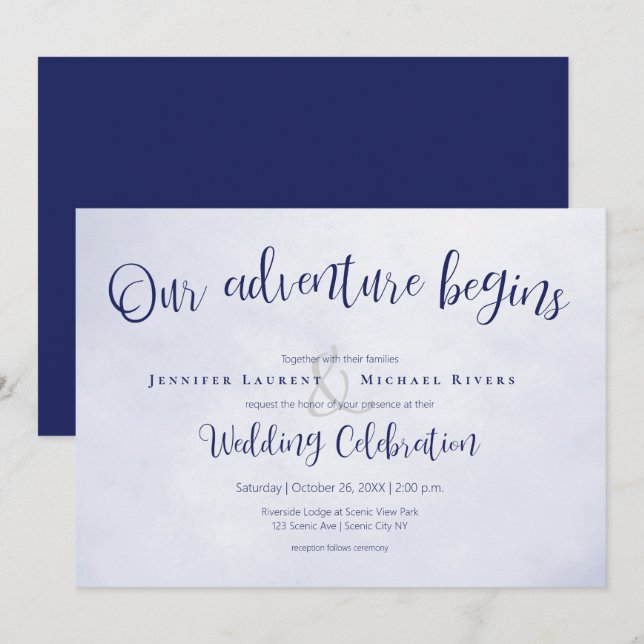 Invitación Nuestra aventura comienza con el boda tipográfico  (Anverso / Reverso)