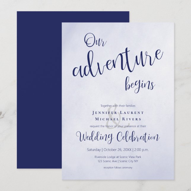 Invitación Nuestra aventura comienza con el boda tipográfico  (Anverso / Reverso)