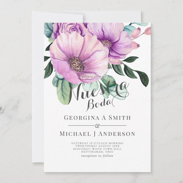 Invitación Nuestra Boda Boda española moderna Flores moradas (Anverso)